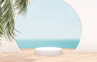 Leinwandbilder - Natural summer beach backdrop with white cylinder box and palm tree for product display. Abstract 3d summer scene. sea view.