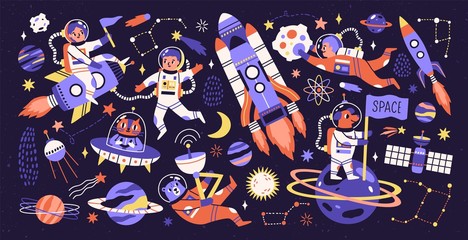 Wall Mural - cartoon colorful characters astronaut, asteroid, comet and space object set vector flat illustration
