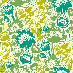 Wall Mural - green, grass, meadow, whild, flower, floral, simple, naive, fabric, textile, seamless, active, dymanic, sketch, hand drawn, vintage, vector, petal, spring, pattern, card, blue, white, beautiful, style