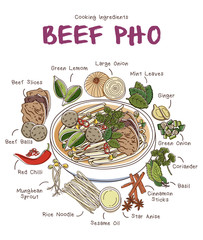 Beef Pho with Rice noodle Ingredients Set. Vietnam Cuisine Recipe Illustration.