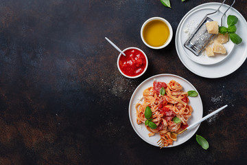 Wall Mural - Traditional italian pasta with tomato, basil and parmesan