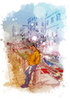 Street scene with Gondolier in Veniece, Italy. Vintage design. Linear sketch on a watercolor textured background. EPS10 vector illustration