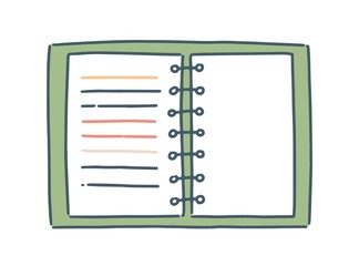 Poster - Cartoon notebook with spiral vector flat illustration. Colorful lined paper sheet for notes isolated on white background. Hand drawn clear blank with spring. Notepad with cover for writing memo