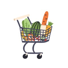 Wall Mural - Cartoon trolley with healthy food vector flat illustration. Colorful full shopping cart with grocery from self-service shop isolated on white background. Fresh products in pushcart with handle