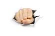 © Ilja - punching hole through paper wall with fist. Punch break through the paper wall. Fist coming out the paper hole isolated on white background