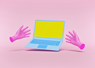 Poster - laptop and pink hands isolated on pastel background. technology concept. 3d rendering