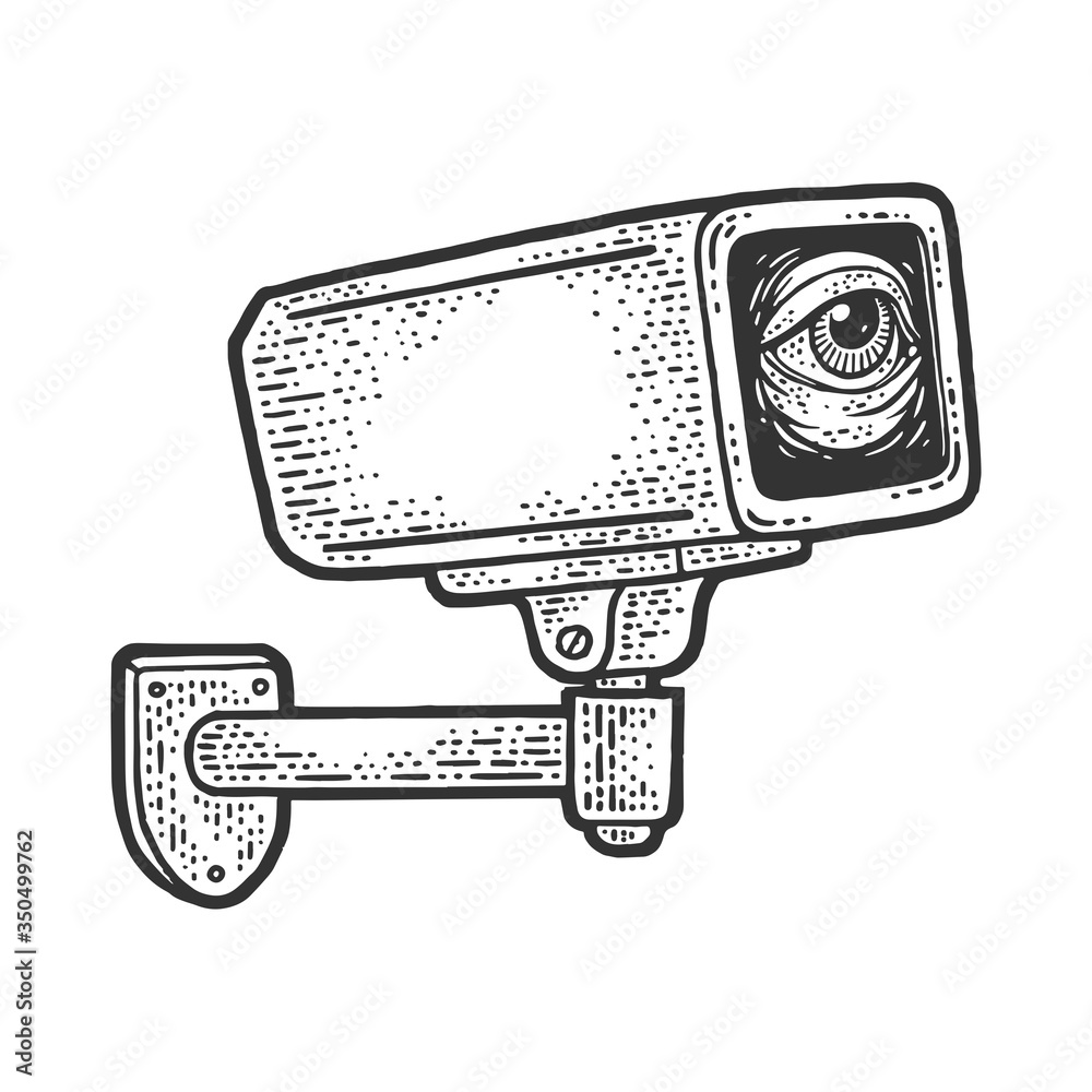 Surveillance Camera with eye sketch engraving vector illustration. T-shirt apparel print design. Scratch board imitation. Black and white hand drawn image. - obrazy, fototapety, plakaty 