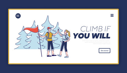 Concept Of Hiking And Alpinism. Website Landing Page. Tourist Couple Man And Woman Are Going Hike And Mount Flag, Give Five To Each Other. Web Page Cartoon Linear Outline Flat Vector Illustration