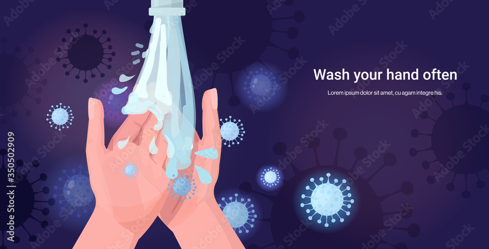 coronavirus protection concept wash your hands often protect yourself prevent covid 19 horizontal copy space vector illustration - obrazy, fototapety, plakaty 