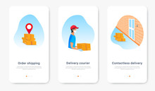 Safe Online Delivery Service To Home Banner, Online Order Tracking. Contactless Delivery Package Shipping Via Mobile App. Onboarding Screens Template