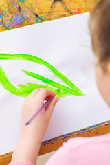 Sticker - Close up of hand of child is drawing green leaf with brush by watercolors on white paper on an easel. Earth day concept.