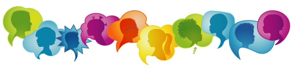 Poster - Multicultural kindergarten.Silhouette group of modern children in rainbow colored profile.Communication between multi-ethnic children.Children talking.Speech bubble.Globalization