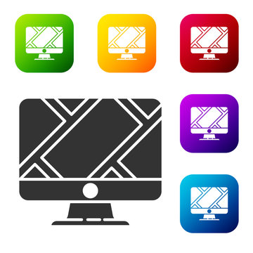 Black Computer monitor and folded map with location marker icon isolated on white background. Set icons in color square buttons. Vector