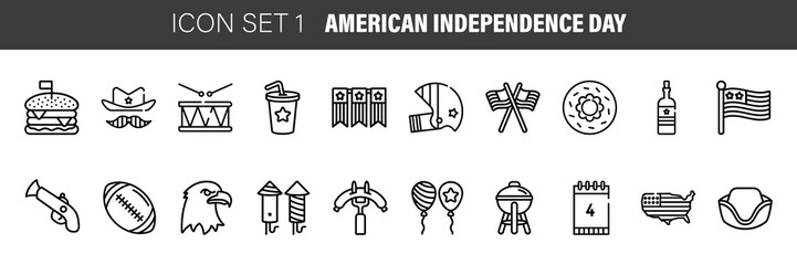 Independence Day thin line icon set, 4th july symbols collection, vector sketches, logo illustrations, american holiday decor signs linear pictograms package isolated on white background, eps 10