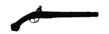 Musket Silhouette. Flintlock Old Pistol Symbol. Rustic Vintage Gun Vector Silhouette Illustration Isolated On White Background.  