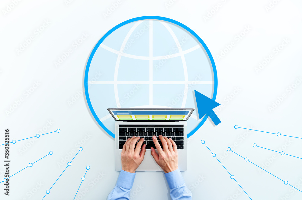 Computer W/web World wide web and laptop. Top view of business man using laptop. WWW ...