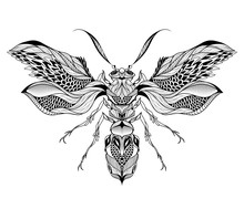 Bee / Wasp Tattoo. Psychedelic, Zentangle Style. Vector Illustration