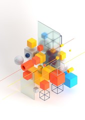 Poster - Abstract 3d render visualization background, template modern composition of geometric shapes in isometric . Cube, sphere, cylinder, line.