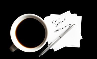 Poster - Office table with supply and coffe cup. View from above for text Good morning