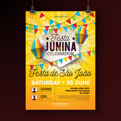 Sticker - Festa Junina Party Flyer Illustration with Typography Design. Flags, Paper Lantern and Confetti on Yellow Background. Vector Brazil June Festival Design for Invitation or Holiday Celebration Poster.