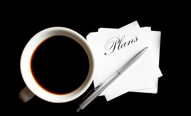 Poster - Office table with supply and coffe cup. View from above for text Plans