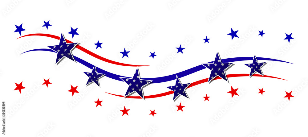 Red and blue stripes with stars. Patriotic banner for USA holidays. Isolated on white background. Vector illustration. - obrazy, fototapety, plakaty 
