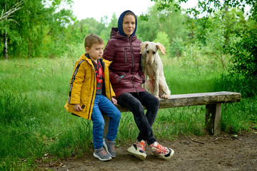 A woman with a son and a dog are sitting on a bench. Family holiday.