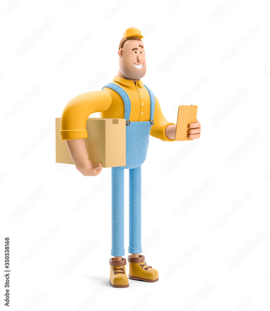 3d illustration. Cartoon character. Deliveryman in overalls  holds a box with a parcel and order form in his hands. - obrazy, fototapety, plakaty 
