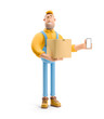 © bestpixels - 3d illustration. Cartoon character. Deliveryman in overalls  holds a box with a parcel and phone. Online delivery Concept.