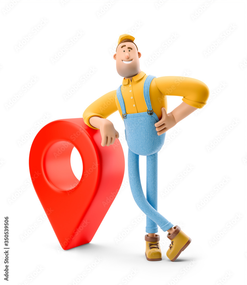 Parcel tracking concept. 3d illustration. Cartoon character. Deliveryman in overalls  with a parcel is standing next to a large pin. - obrazy, fototapety, plakaty 
