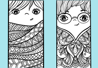 Wall Mural - coloring book two boys ornament for kids and adults anti stress vector doodle and zentangle elements outline bookmark print textile picture illustration cover