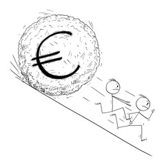 Sticker - Vector cartoon stick figure drawing conceptual illustration of group of investor or businessmen running away from euro currency symbol boulder rolling down hill. Financial concept.