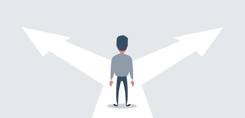 confused businessman standing at a crossroads , businessman standing in front of arrows as symbol for choice, career path or opportunities, business concept decision. Vector flat design illustration.