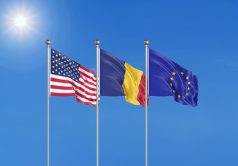 Three realistic flags of European Union, USA (United States of America) and Romania. 3d illustration.