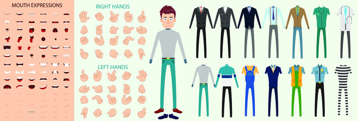 Teenage Boy Character with Hand Expression, Mouth Expression and Different Dress vector Illustration editable source file