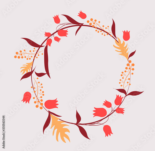 Abstract circle that consists of tulips, leaves and twigs