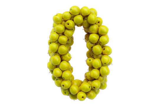 Number 0 from yellow apples, 3D rendering
