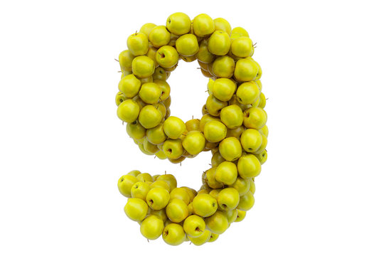 Number 9 from yellow apples, 3D rendering