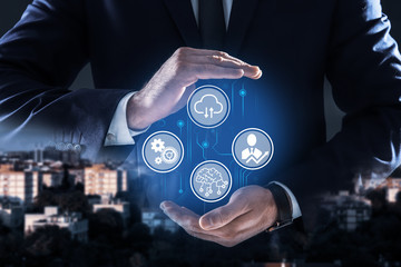Poster - Man demonstrating machine learning model with different icons and night cityscape on background, closeup