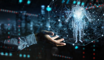 Poster - Man hand using digital x-ray human body holographic scan projection 3D rendering