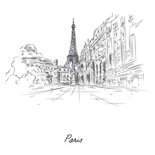 Beautiful Paris City Sketch Painted With Pencil On Paper Vector Illustration. Street Of Famous City Flat Style. Modern Art And Architecture Concept. Isolated On White Background