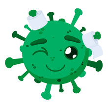 Green Coronavirus With A Toilet Paper. Сovid-19. Funny Cartoon Character With Emotion. Glad, Smile. Vector Illustration Isolated On A White Background.