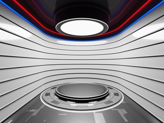 Poster - Futuristic interior with empty circular stage. Modern futuristic background template, technology sci-fi hi tech concept, 3d render