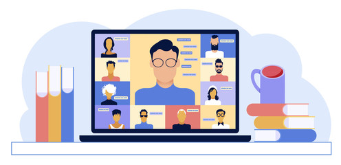 Poster - Chat with friends online. Collective virtual meeting and group video conferencing. Remote work concept