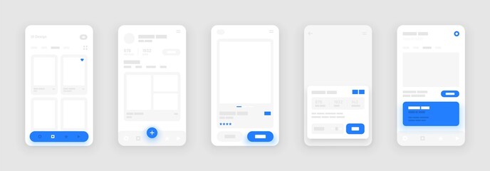 Fototapete - UI Kit elements for mobile app concept. Use for social media, online store, hotel reservation. Wireframes screens. Flowchart.