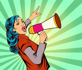 A woman speaking at megaphone. Pop art retro illustration comic style vector.