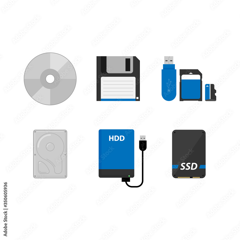 Set of data storage device, flat vector illustration on white ...