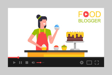 Wall Mural - video tutorials. women food blogger on video screen. social media marketing. flat style. isolated on