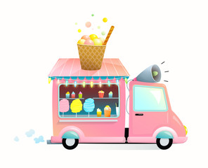 Sweet food shop on wheels, cute funny truck moving on the road, selling candy cotton, ice cream, sweets and desserts. A car vending street food for children. Vector watercolor style cartoon for kids.