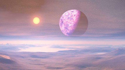 Wall Mural - Colorful Sunset on an Alien Planet. Mountains, hills and lowlands are covered in fog. On a dark starry sky huge planet. The bright sun sets, painting the landscape from lilac to yellow.